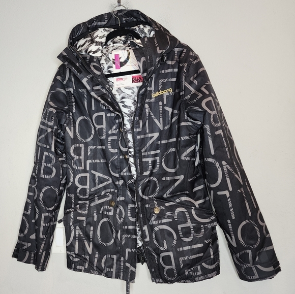 Billabong Snowboarding Jacket Black Grey All Over Spell Out Women's Size Large - Picture 1 of 16